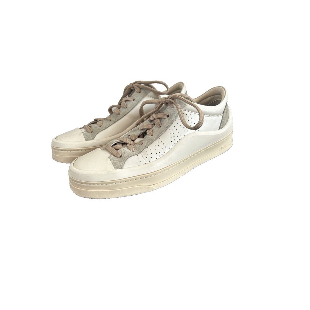 P448 John Low Top White-Ivory Leather Sneakers Suede Trim Italy Women 39 US 8.5